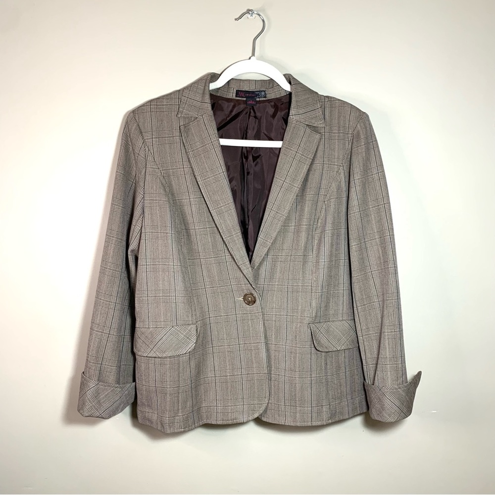 Brown Plaid Relaxed Fit Short Blazer One Button Business Casual L Shoulder Pads